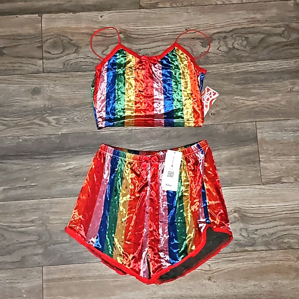 Romwe set striped velvet multicolored rainbow new b33